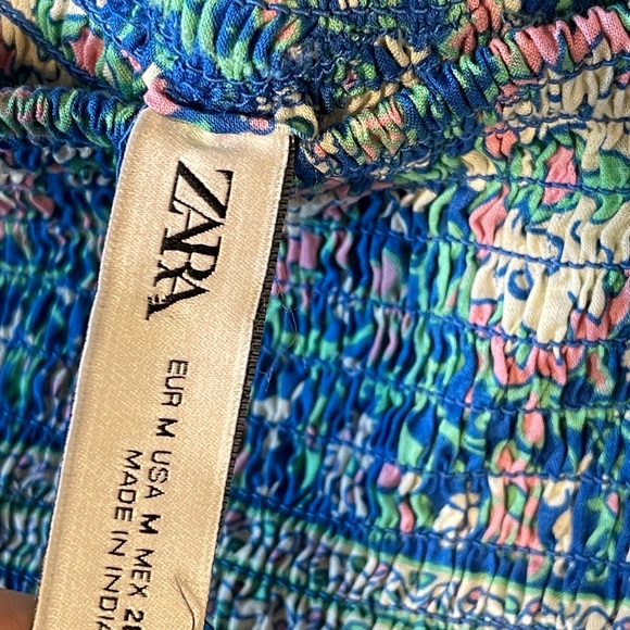 Zara Blue Floral Smocked Maxi Dress Tiered Boho Sundress Pom Poms Lace Medium - Picture 8 of 9